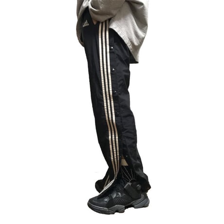 【USED】90'S  ADIDAS SIDE SEAM SLITS WITH SNAP BUTTON NYLON TRACK PANTS BLACK