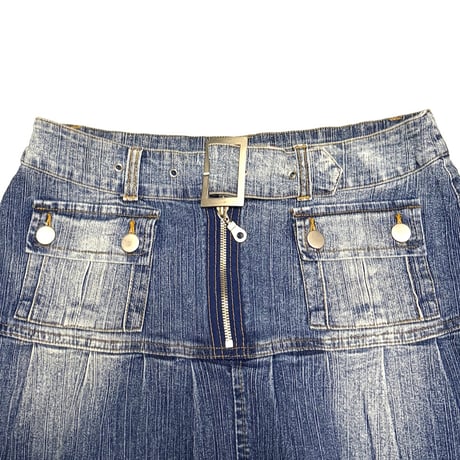 【USED】00's Tenghong Belted Zip-Front Denim Mini Skirt