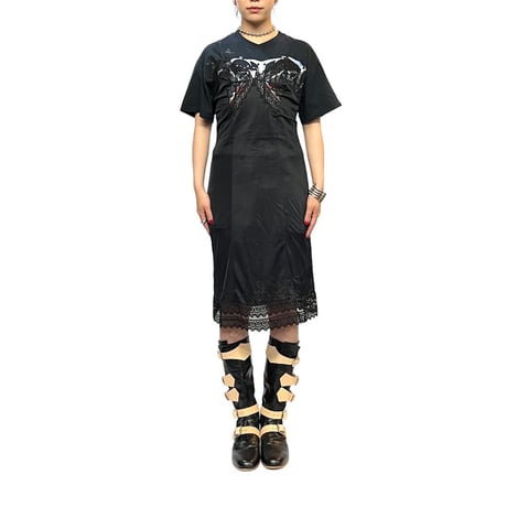 【USED】60's Perlon LINGERIE SLIP DRESS BLACK JAGGED EDGE LACE