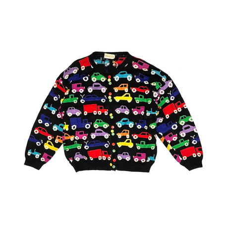 【USED】80'S Christine Foley CAR PATTERN HAND KNIT CARDIGAN
