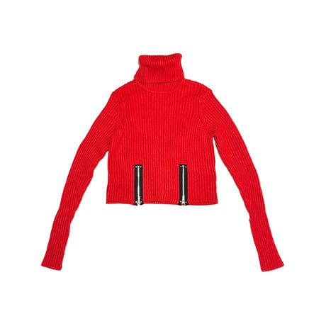 【USED】2010's Jean Paul Gaultier × LINDEX Red Ribbed Zip-Detail Turtleneck Knit