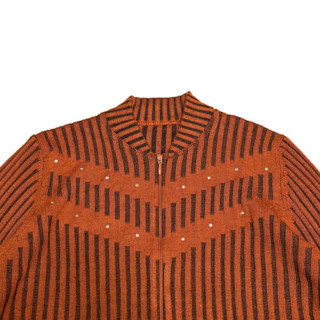 【USED】90's Sheer Stripe Zip-Up Knit Top with Stud Details