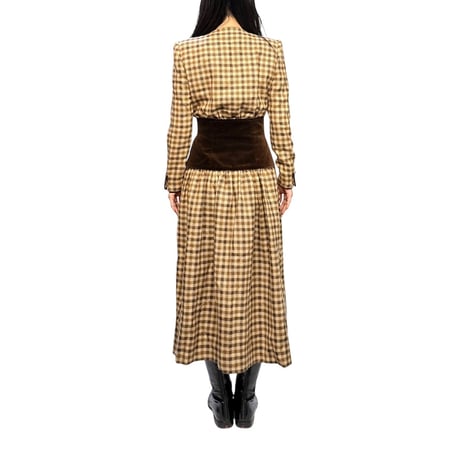 【USED】80's Valentino Garavani BOUTIQUE Gingham Dress with Velvet Waist Panel