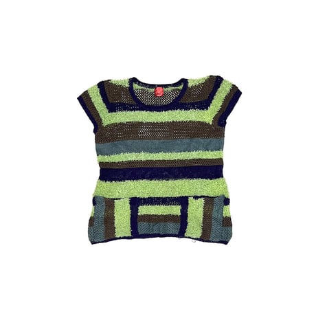 【USED】00's MULTI BORDER KNIT FRENCH SLEEVE TOP