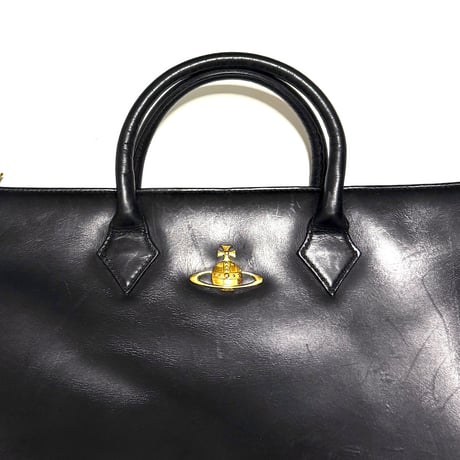 【USED】00's Vivienne Westwood Orb Leather Hand Bag Black