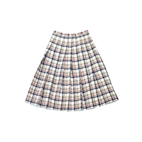 【USED】Vintage PLAID PLEATED MIDI SKIRT with LINING NAVY × BEIGE