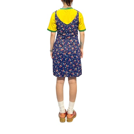 【USED】70's RETRO FLOWER SLIP MINI DRESS NAVY