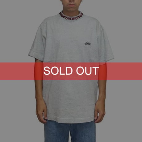 【USED】80'S OLD STUSSY NECK RIB DESIGN T-SHIRT GRAY