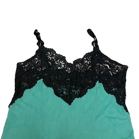 【USED】60's-70's VINTAGE LINGERIE SLIP DRESS GREEN × BLACK LACE