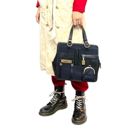 【USED】90'S MOSCHINO × REDWALL NYLON LEATHER MULTIPOCKET SATCHEL BAG