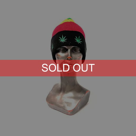 【USED】90'S RASTA COLOR MARIJUANA KNIT BEANIE