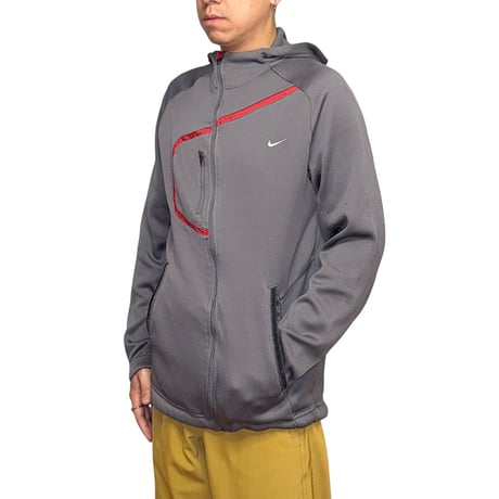 【USED】00's NIKE SPHERE DRY Asymmetrical Front-Zip Tech Hoodie Grey / Red