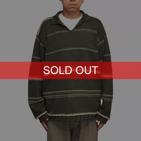 【USED】90's BENETTON Skipper Olive Stripe Knit Pullover Made in Italy