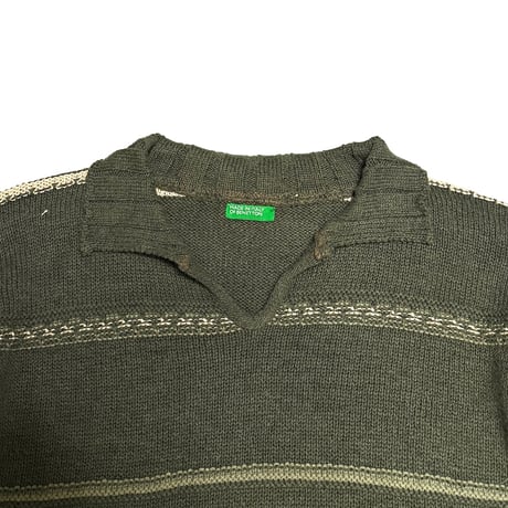 【USED】90's BENETTON Skipper Olive Stripe Knit Pullover Made in Italy