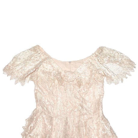 【USED】70'S a la Carte BABY PINK LACE FLUTTER SLEEVE DRESS