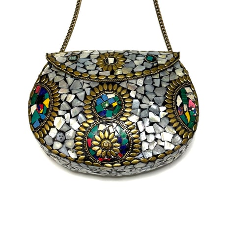 【USED】Vintage HANDMADE SHELL MOSAIC METAL CLUTCH BAG