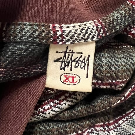 【USED】80's-90's OLD STUSSY JACQUARD BORDER POCKET S/S T-SHIRT