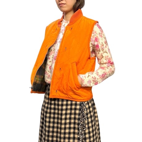 【USED】90's BANANA REPUBLIC Quilted Vest Blaze Orange × Wool Tartan