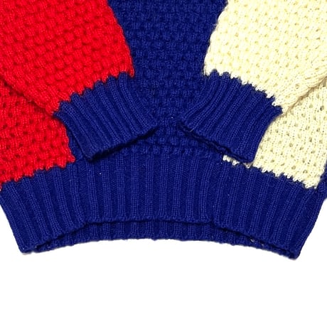 【USED】70'S-80'S TRI COLOR PIQUE KNIT HALF-ZIP WOOL SWEATER