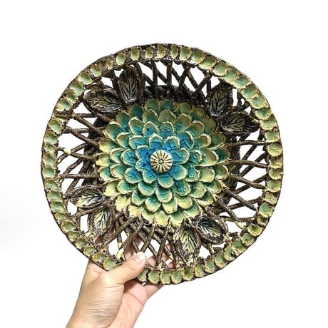 【USED】UNKNOWN VINTAGE GLASS GLAZE LOTUS LARGE PLATE