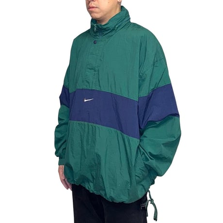 【USED】90's NIKE CENTER LOGO PULLOVER NYLON JACKET GREEN×NAVY