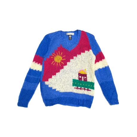【USED】80's Greek Handmade Pure Wool “Sunset & House” Art Knit Sweater
