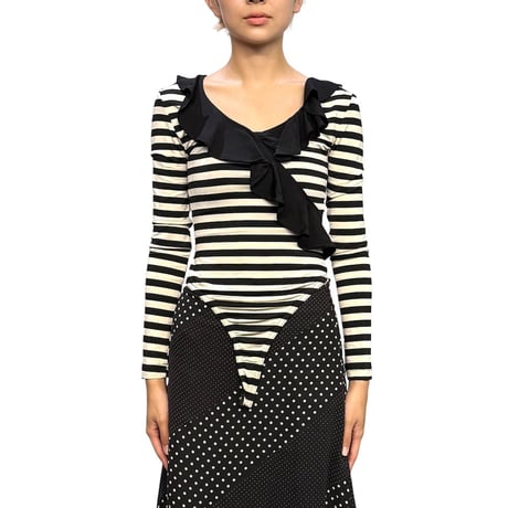 【USED】80's YES Striped Ruffle Bodysuit