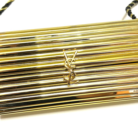 【USED】80's Yves Saint Laurent GOLD PLEXIGLASS with LEATHER TASSEL EVENING BAG