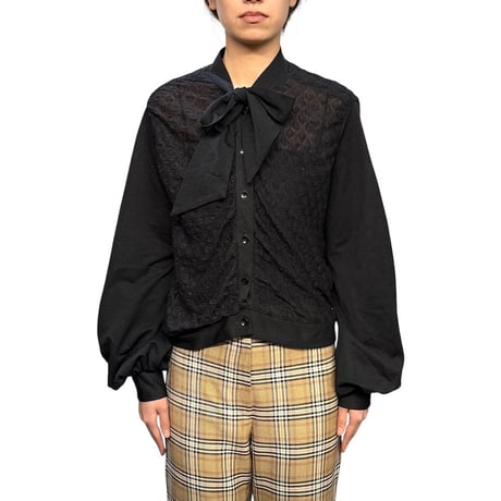 【USED】80's Black Sheer Puff Sleeve Bow Blouse