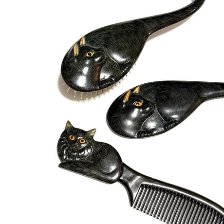 【USED】Vintage Cat Hair Brush, Comb, Hand Mirror Set