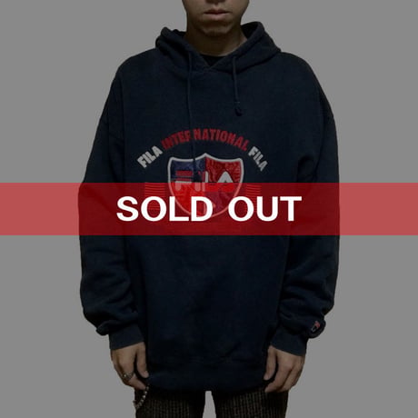 【USED】90'S FILA EMBROIDERY HOODIE NAVY