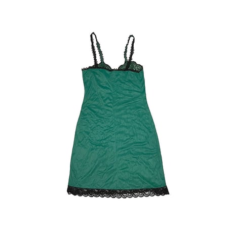 【USED】60's-70's Perlon LINGERIE SLIP DRESS GREEN BLACK LACE