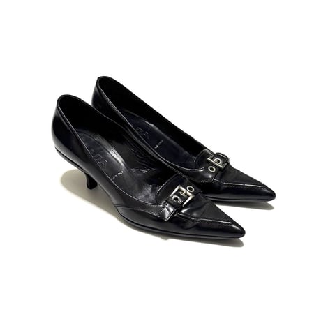 【USED】00's PRADA Pointed-Toe Kitten Heel Pumps Black Leather Buckle Detail