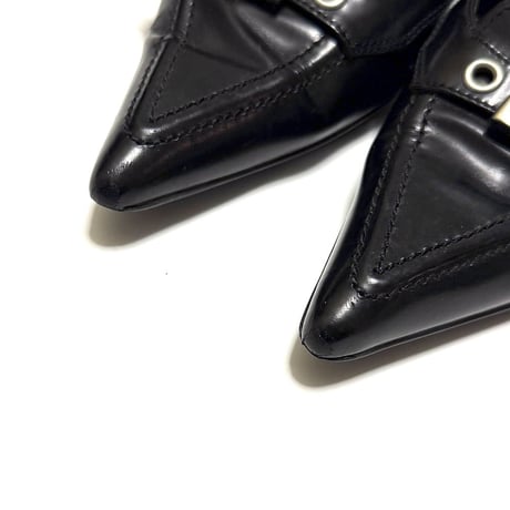 【USED】00's PRADA Pointed-Toe Kitten Heel Pumps Black Leather Buckle Detail