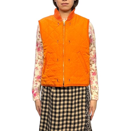 【USED】90's BANANA REPUBLIC Quilted Vest Blaze Orange × Wool Tartan