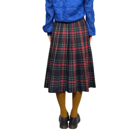 【USED】80's Brandtex Denmark Tartan Pleated Midi Skirt Navy × Red