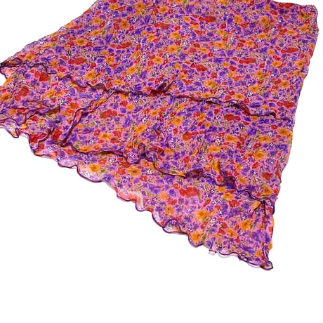 【USED】90's SILK ORGANDY FLOWER PATTERN SKIRT PINK PURPLE ITALY