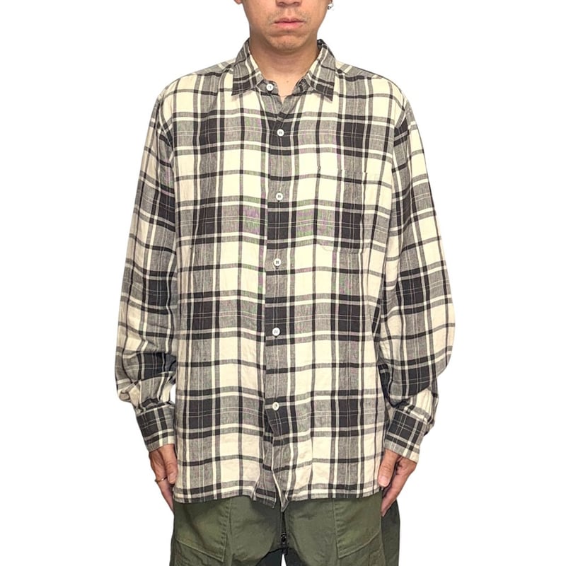 【良配色】agnes b homme 90s ombre check shirt USED】90's agnès b. homme Black & Ivory Plaid L