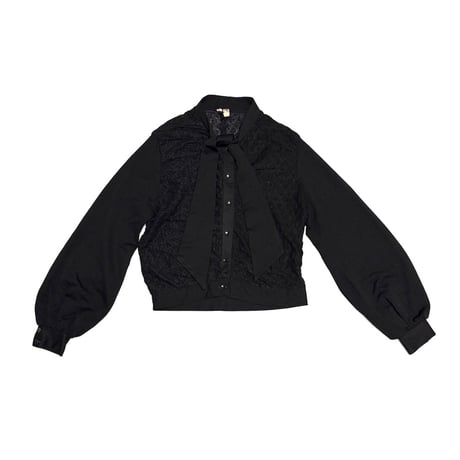 【USED】80's Black Sheer Puff Sleeve Bow Blouse