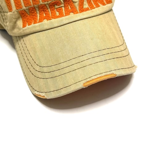 【USED】00's Thrasher Magazine Distressed Brim Embroidered Cap Washed Sand Beige