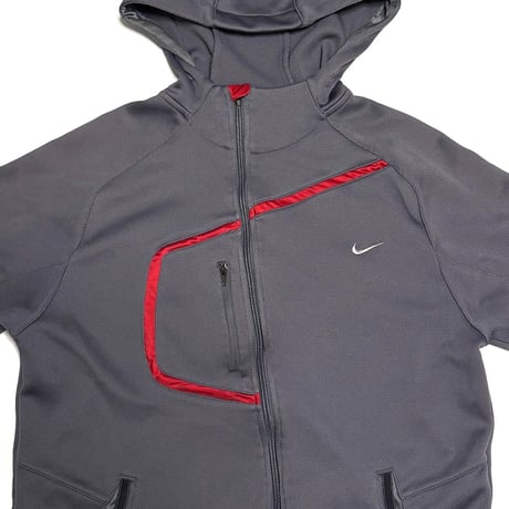 【USED】00's NIKE SPHERE DRY Asymmetrical Front-Zip Tech Hoodie Grey / Red
