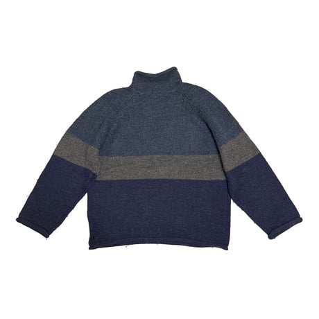 【USED】00's J.CREW Roll-Neck Wool Sweater - Slate Blue × Charcoal × Navy Block Stripes