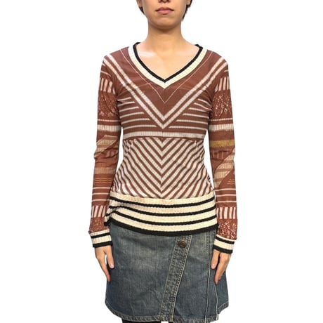 【USED】00's Sheer Power Net Graphic × Knit Top
