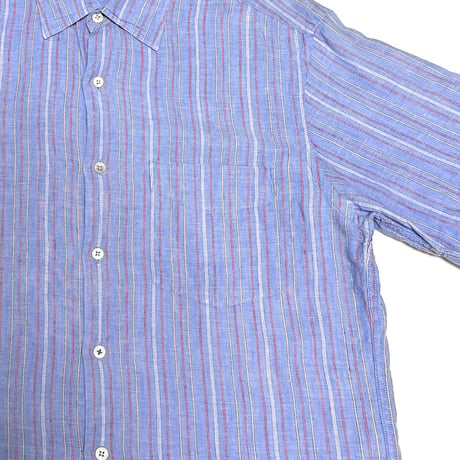 【USED】00's J.CREW Multi-Stripe Linen S/S Shirt Light Blue