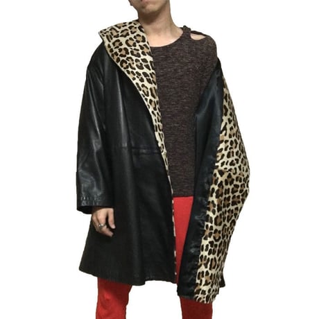 【USED】LEOPARD × BLACK LEATHER COAT MADE IN ITALY