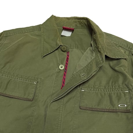 【USED】00's OAKLEY RED TAG COTTON HERRINGBONE SHIRT OLIVE