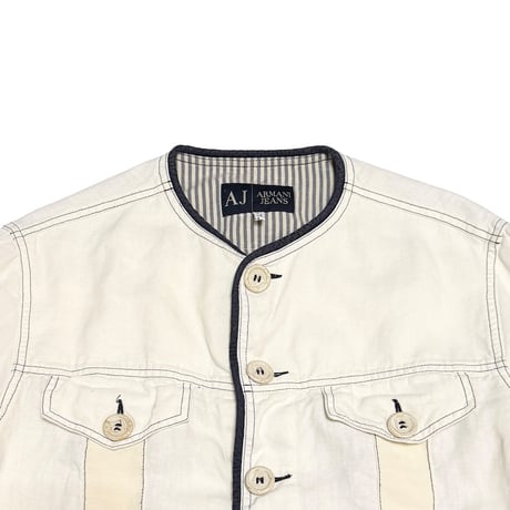 【USED】00's ARMANI JEANS Collarless Hemp Trucker Jacket
