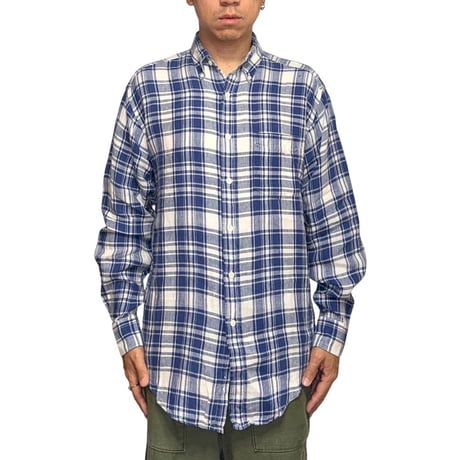【USED】90's BANANA REPUBLIC Irish Linen Blue Plaid Button-Down Shirt