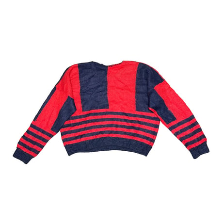 【USED】80's Hand-Knit Red & Navy Block Stripe Sweater