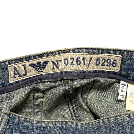 【USED】00's Armani Jeans Zip Leather Panel Denim Mini Skirt